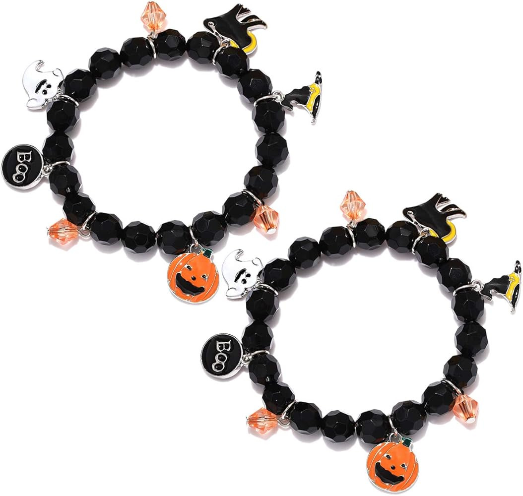 NVENF 2PCS Halloween Bracelets for Women Pumpkin BOO Ghost Charm Bracelets Black Bead Stretch Bra... | Amazon (US)