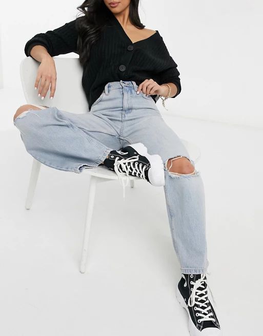 ASOS DESIGN Petite high rise 'relaxed' dad jeans in lightwash with rips | ASOS (Global)