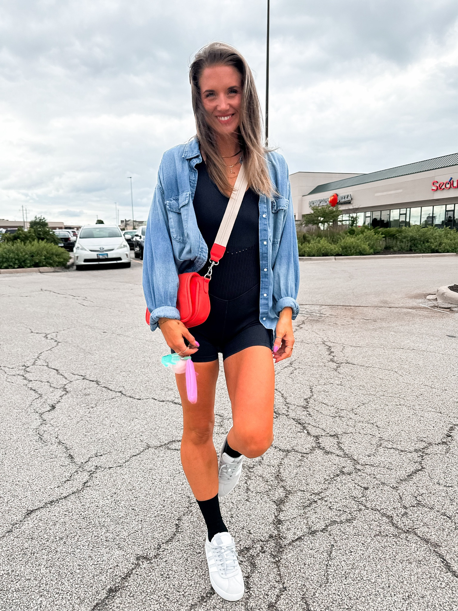 Cozy dinner vibe | Target black romper and bag | aerie oversized button down | adidas shoes 
#active #cozycasual #salefinds #romper #mystyle 

#LTKFindsUnder50 #LTKActive #LTKFitness