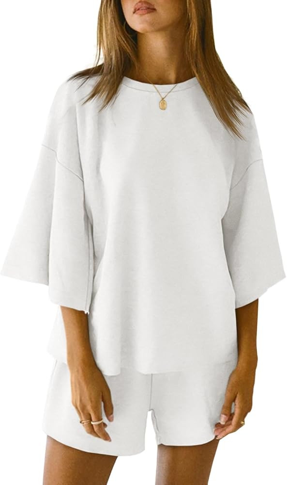 Tankaneo Womens Pajama Sets 3/4 Sleeve Oversized Tops & Loose Fit Shorts Lounge Set with Pockets ... | Amazon (US)