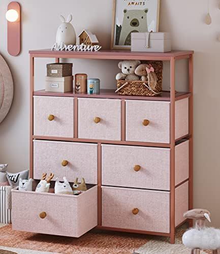 EnHomee Pink Dresser for Bedroom with 7 Drawers and 2 Shelves, Pink Dresser for Girls Bedroom wit... | Amazon (US)
