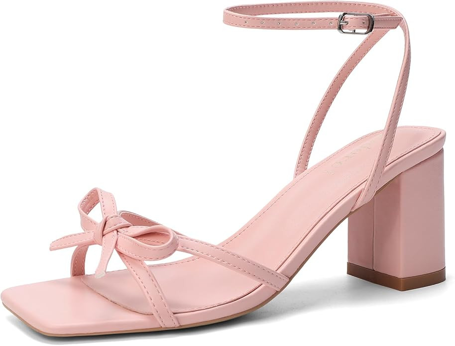 Bow Strappy Heels for Women Square Open Toe Mid Chunky Block Heeled Sandals | Amazon (US)