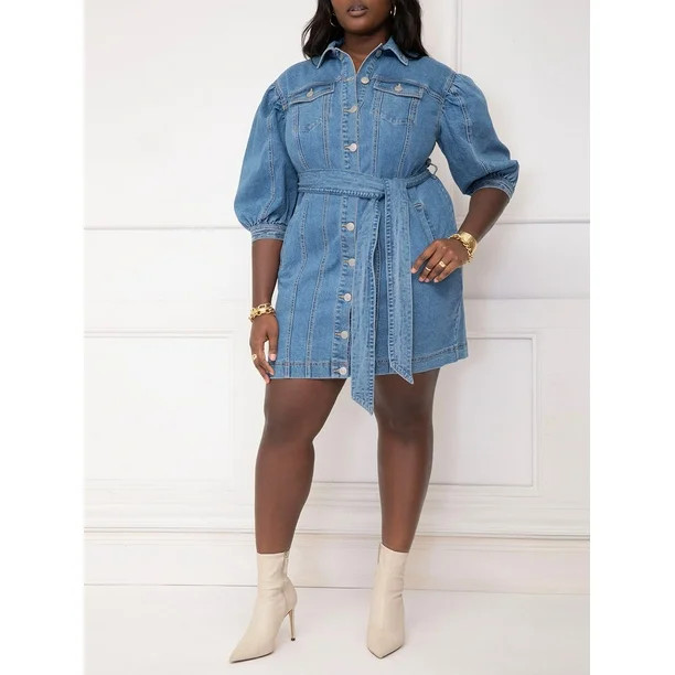 ELOQUII Elements Women's Plus Puff Sleeve Denim Jacket Dress | Walmart (US)
