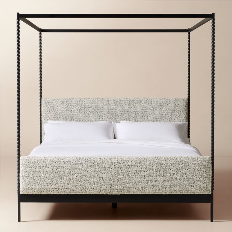 Amani Hand-Forged Steel Framed Black and White Boucle Upholstered Canopy King Bed | CB2 | CB2