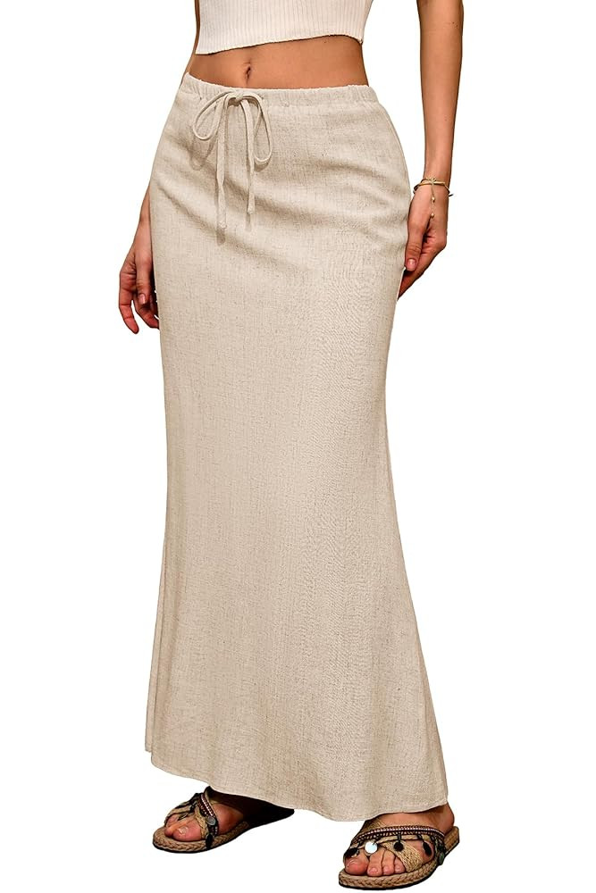 ELLEVEN Linen Flared Maxi Skirt with Back Slit - Elastic Waist Drawstring Long Flowy Ankle-Length... | Amazon (US)