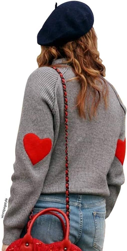 Women's Comfy Casual Long Sleeve Heart Shape Patched Grey/White/Navy Knit Top Pullover Sweater | Amazon (US)