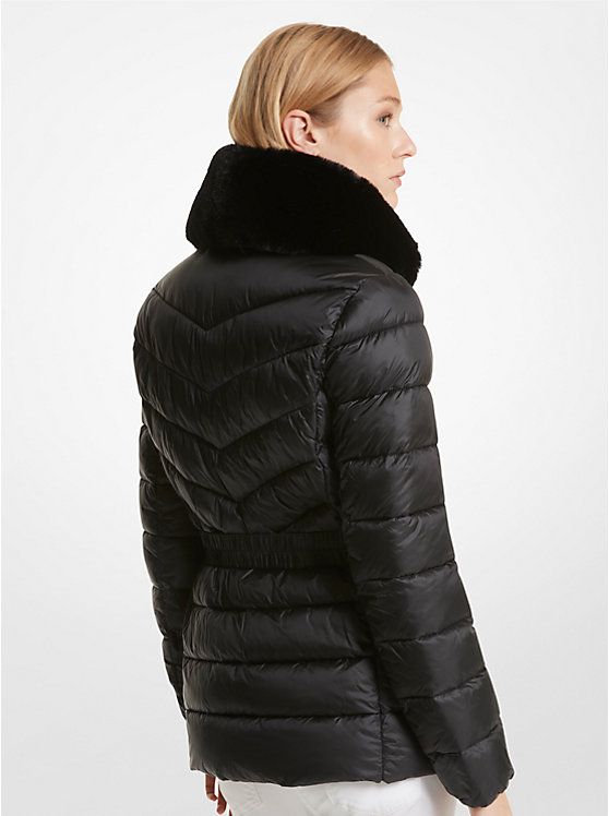 Faux Fur Trim Quilted Nylon Packable Puffer Jacket | Michael Kors US