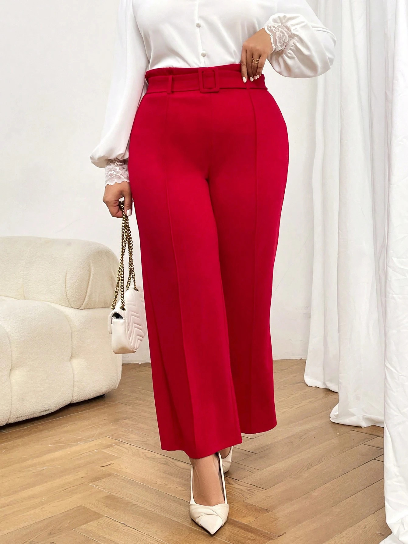 SHEIN Privé Plus High Waist Belted Wide Leg Pants | SHEIN
