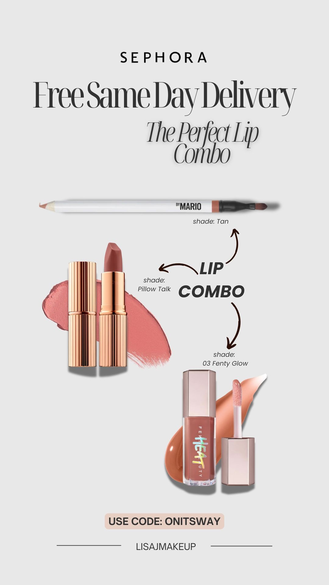 Loved this lip combo mixing a little brown nude and rose nude products together for the perfect shade! Use code ONITSWAY for Free Same Day Delivery from @sephora now through 5/11 for Last minute Mothers Day Gifts!
Sign up for Sephora's Beauty Insider Program today! @Sephora #sephorapartner #sephorahaul

Shades:
Lip liner - Tan
Lipstick- Pillow Talk
Lip Gloss - 03 Fenty Glow

#LTKOver40 #LTKGiftGuide #LTKBeauty