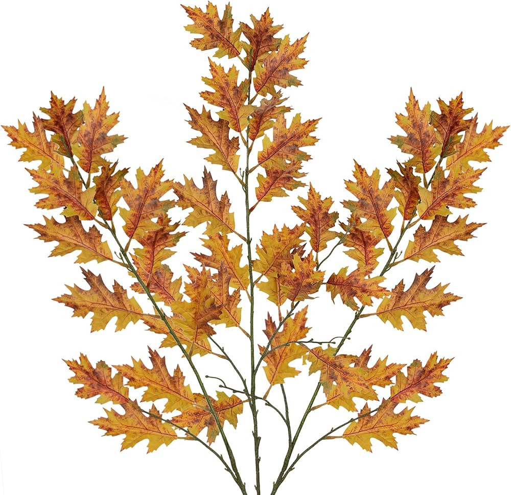 Artificial Fall Oak Leaves Stems 43.3" Fake Autumn Silk Leaf Branches 3Pcs Faux Long Stems for Home Kitchen Farmhouse Vase Thanksgiving Table Centerpieces Harvest Festival Party Decor (Yellow) | Amazon (US)