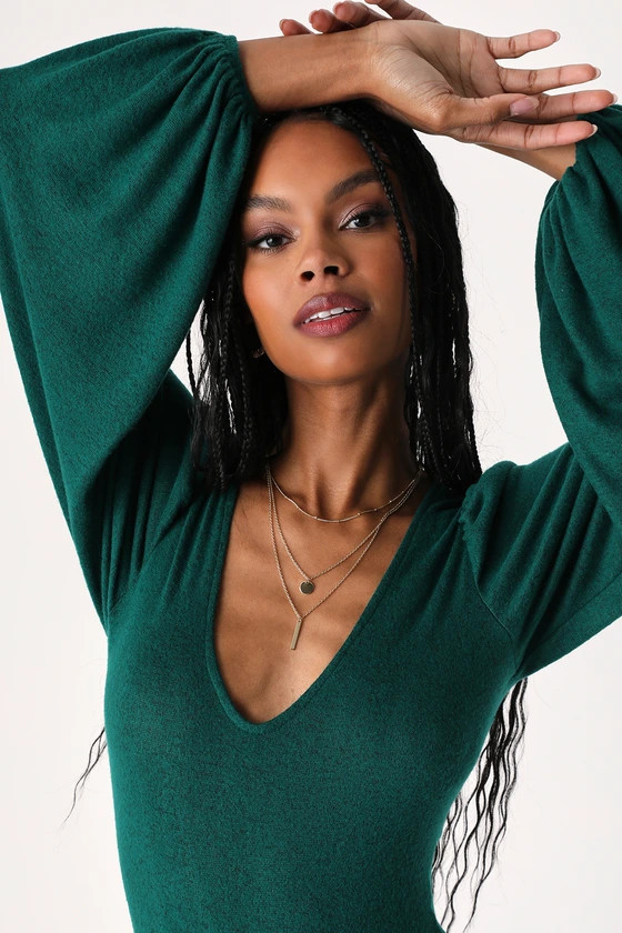 Oh My Darling Forest Green Knit Puff Sleeve Bodysuit | Green Bodysuit Outfit | Winter Bodysuit | Lulus (US)