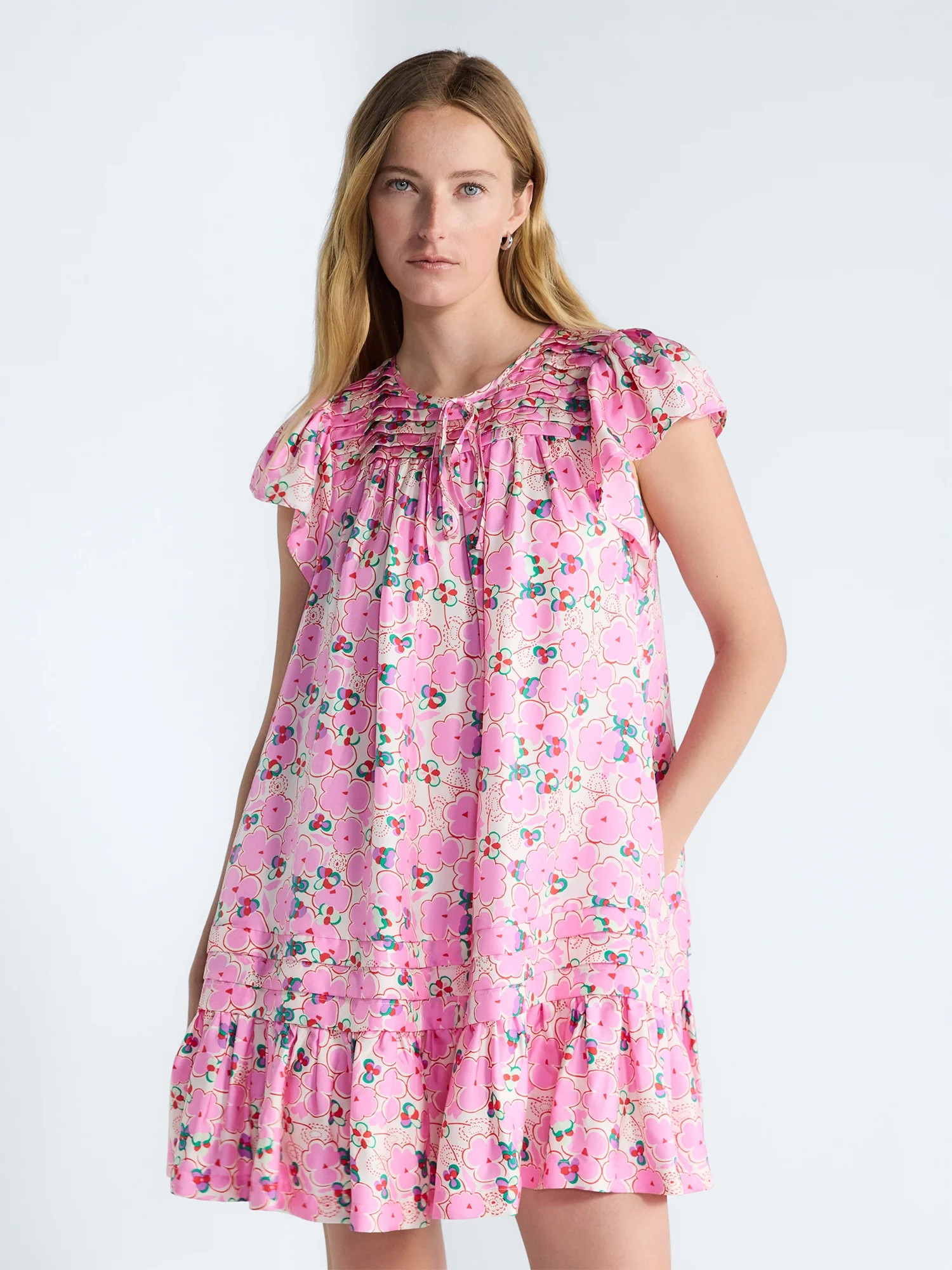 Free Assembly Women's and Women's Plus Pleated Silk Mini Dress with Flutter Sleeves, Sizes XS-4X | Walmart (US)