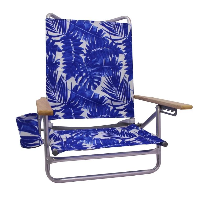 Mainstays Wood Arm Reclining Lay-Flat Beach Chair, Blue Palm | Walmart (US)