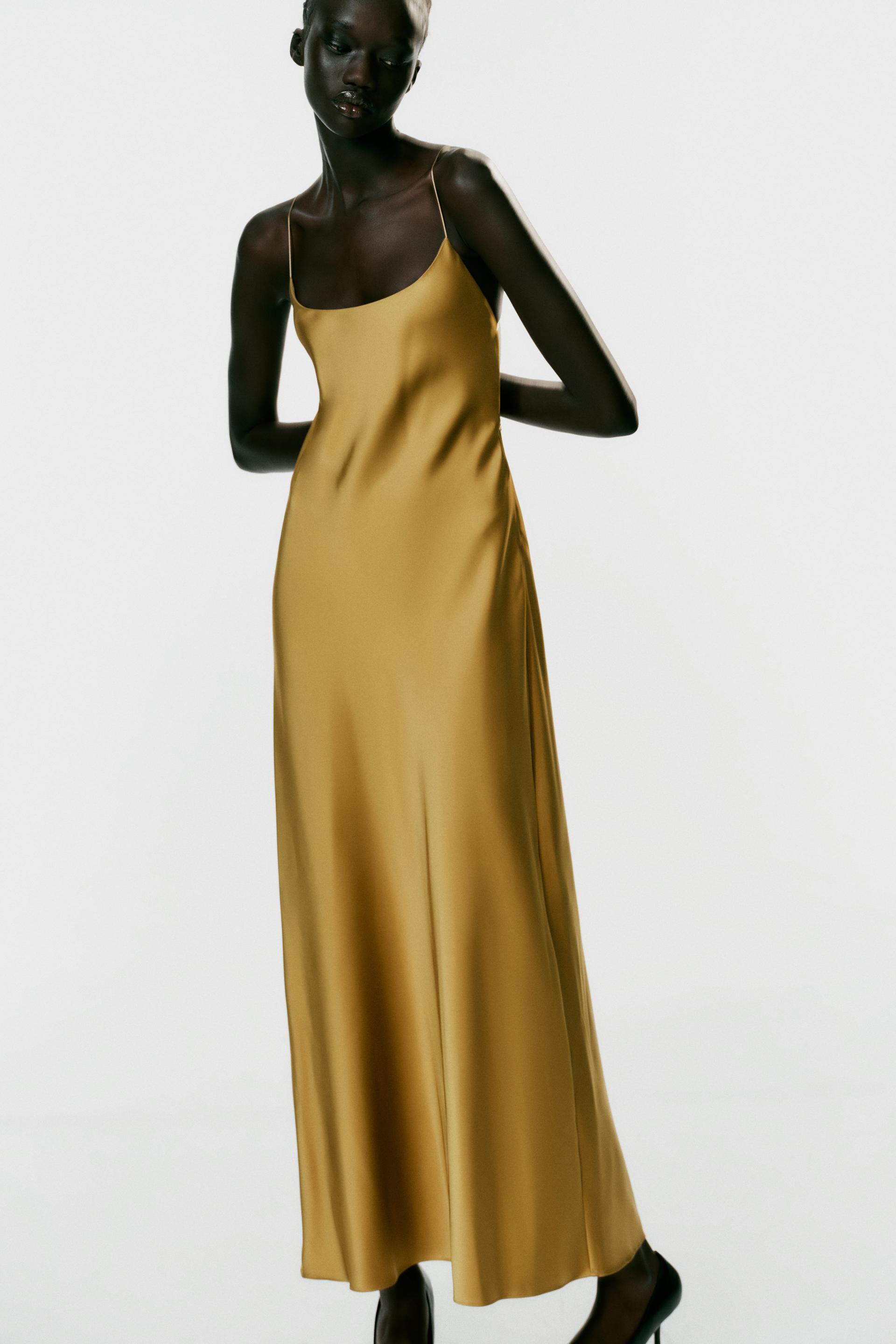 Zara - Satin Backless Midi Dress - Golden - L - Woman | Zara US