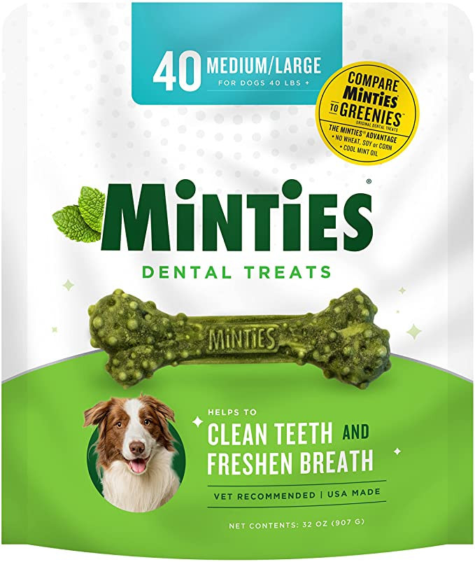 Minties VetIQ Dog Dental Bone Treats, Dental Chews for Medium/Large Dogs (Over 40 Lbs), 40 Count | Amazon (US)