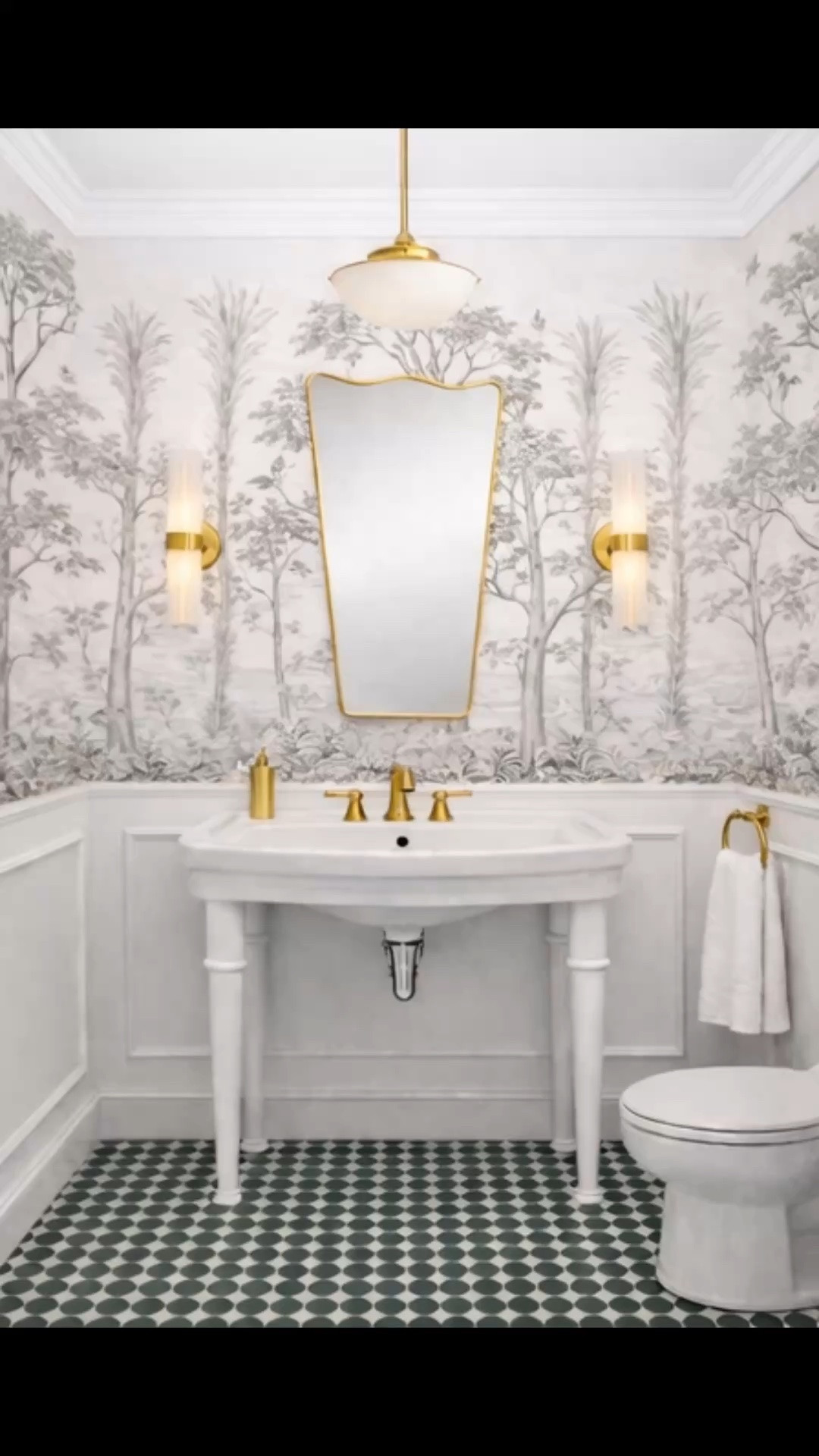 A Wednesday night wind-down, surrounded by soft light and timeless details. ✨

The mural wallpaper creates a serene, story-like backdrop, while the clean-lined console vanity, sculptural mirror, fluted sconces, and warm brass fixtures bring a modern classic balance. The petite dotted floor adds just enough pattern to keep the powder room feeling distinctive and beautifully layered.

As the sconces begin to glow, the entire space feels softer, calmer, and ready for a quiet midweek reset.

Shop the mural wallpaper, console vanity, mirror, sconces, pendant, brass fixtures, tile, and powder room décor.

#LTKHome #PowderRoom #BathroomDesign #BathroomDecor #WednesdayNight #MidweekReset #WallpaperMural #ConsoleVanity #WallSconce #PendantLighting #BrassFixtures #BathroomMirror #TileFloor #ModernClassic #InteriorDesign

#LTKdayinmylife #LTKselfcare #LTKHome