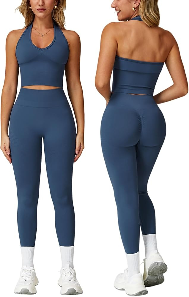 Workout Sets for Women 2 Piece Seamless Halter Tank Top Scrunch Butt Lifting High Waist Leggings ... | Amazon (US)