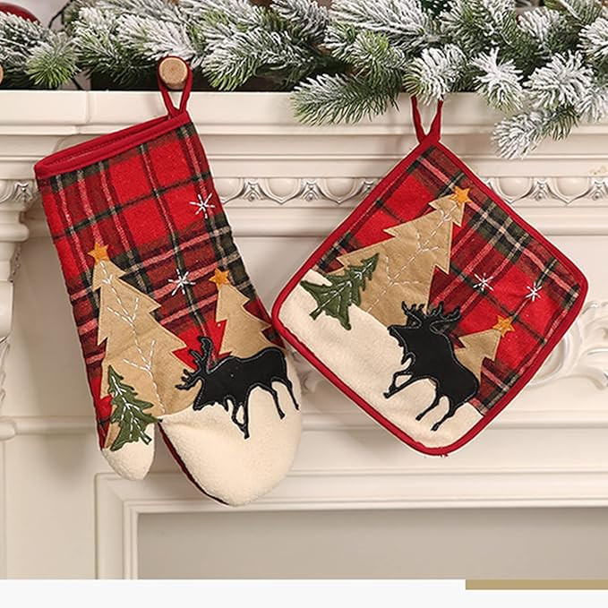 Christmas Oven Mitts and Pot Holders Set, Heat Resistant Kitchen Microwave Gloves for Reusable Ba... | Amazon (US)