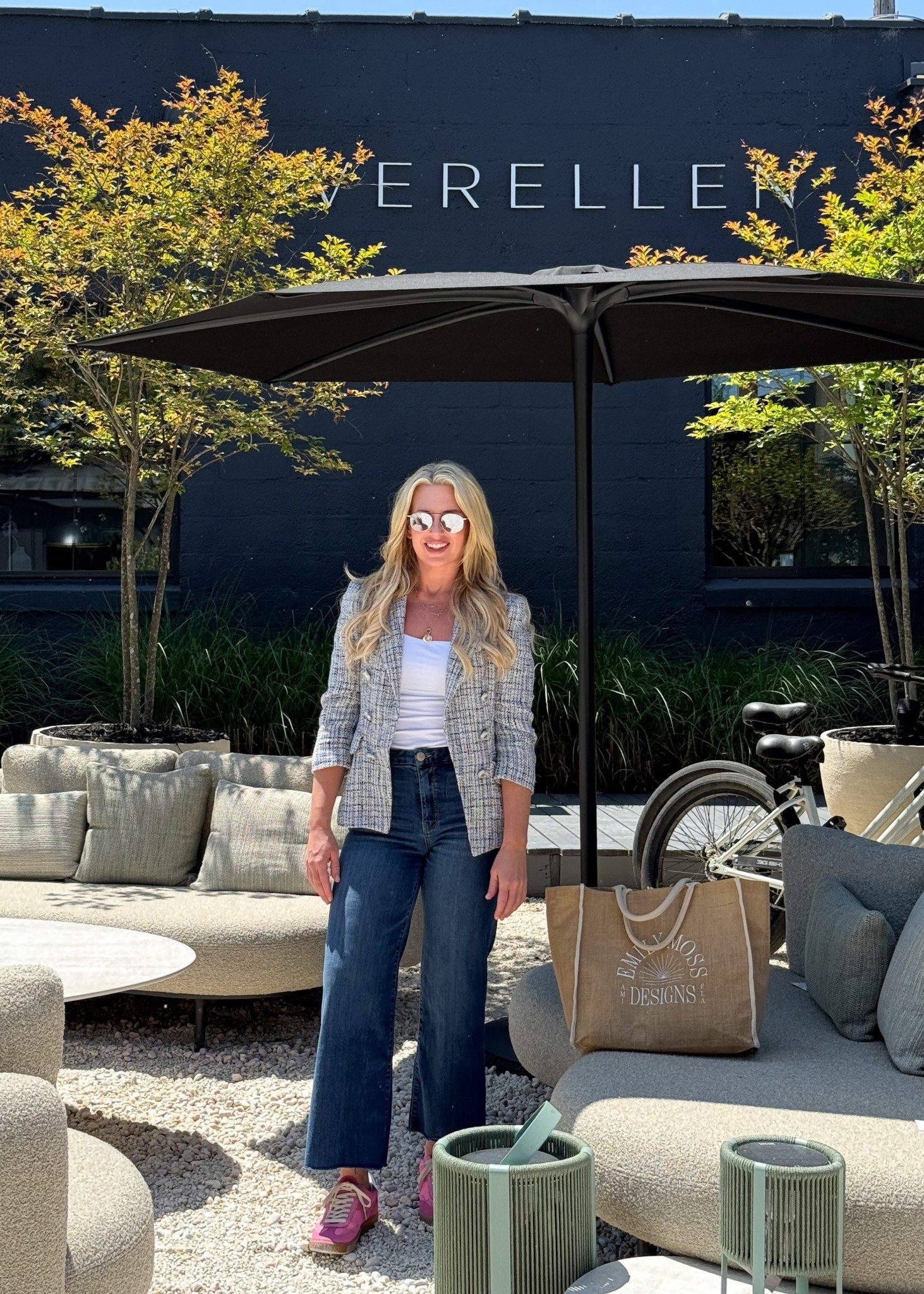 High Point Market Outfit 🖤 Veronica Beard Blazer, Old Navy Scoop Neck Tank, Kut From Kloth Meg High Rise Wide Leg Jeans, Dolce Vita Pink Sneakers, Anthropologie necklace 