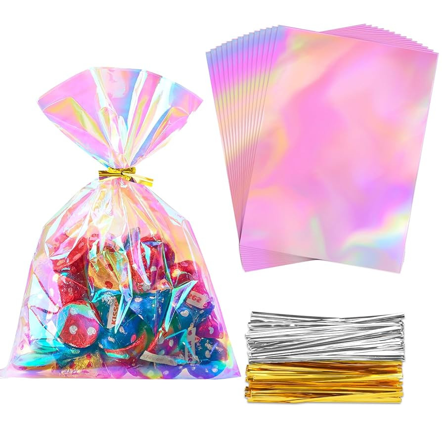 100 PCS Iridescent Cellophane Treat Bags, 5 x 7 Inches Plastic Holographic Goodie Bags with Ties ... | Amazon (US)