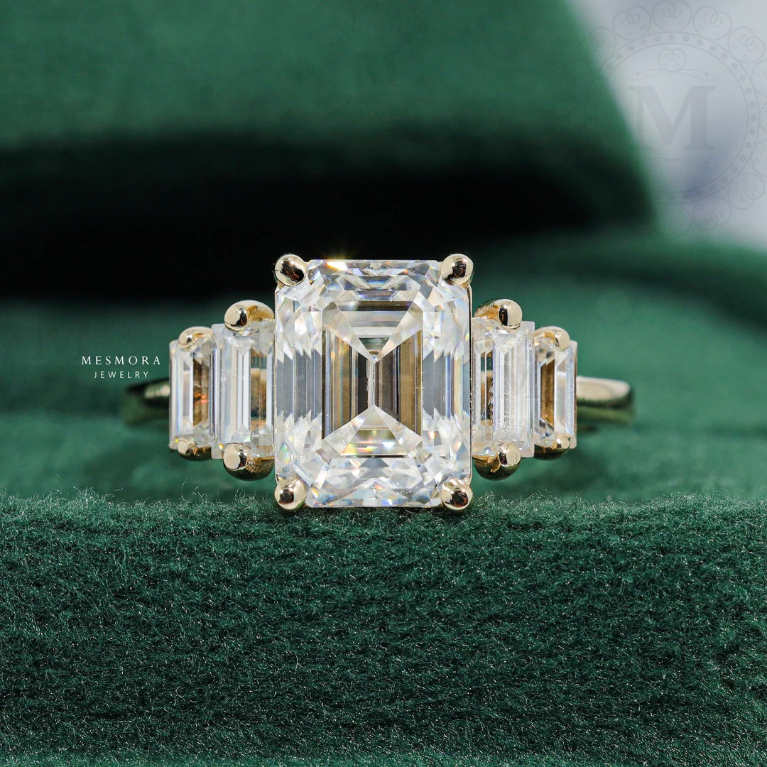 Five Stone Emerald Cut Moissanite Engagement Ring Side Baguette Moissanite Five Stone Engagement ... | Etsy (US)