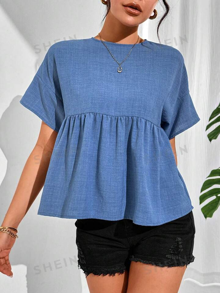 SHEIN Essnce Women's Simple Solid Color Short Sleeve Shirt  Summer Tops Blue Dress Crop Women Top... | SHEIN