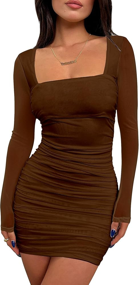 BORIFLORS Women's Sexy Ruched Bodycon Mini Dress Mesh Long Sleeve Club Party Short Dresses | Amazon (US)