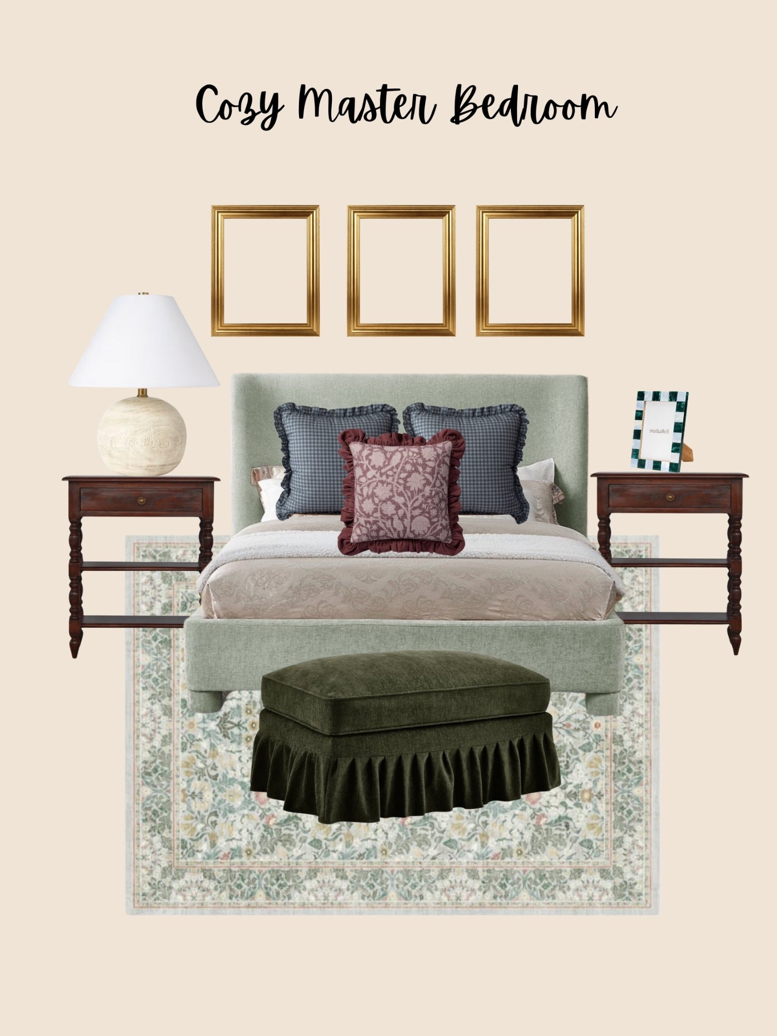 A cozy master bedroom with muted colors of blue and green and dark wood and gold accents for warmth! #masterbedroom #bedroomideas #cozyhome #cozybedroom #bedroomdesign

#LTKHome