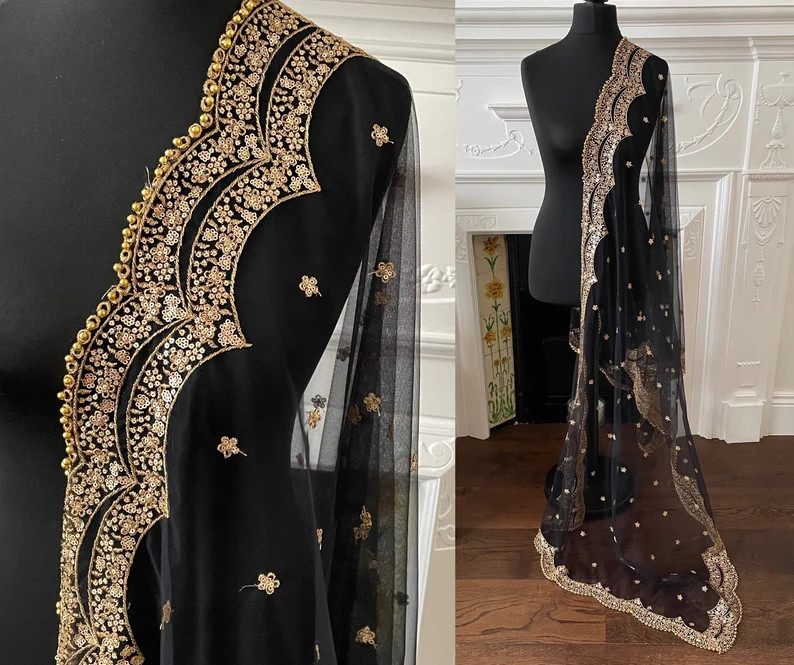 Black Net Duppattas scallop Sequin border Scarf Chunni Chunri Odhni update Salwar Kameez Lehengas... | Etsy (Global)