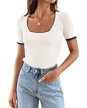 ZESICA Women's Short Sleeve Square Neck Color Block T Shirt 2024 Summer Slim Fit Ribbed Knit Basi... | Amazon (US)