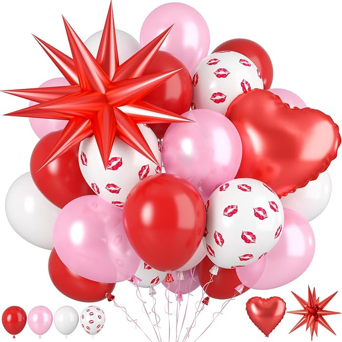 Red And Pink Balloons, 50pcs Pearl Pink White Red Balloons, Kiss Printed Balloon With Heart Star ... | Amazon (US)