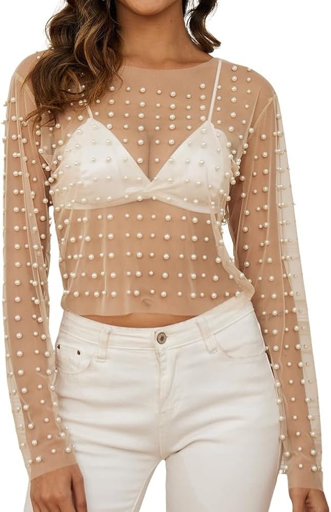 Women Pearl Rhinestone Sheer Mesh Crop Top Sexy See Through Long Sleeve Slim Fit Cropped Blouse S... | Amazon (US)