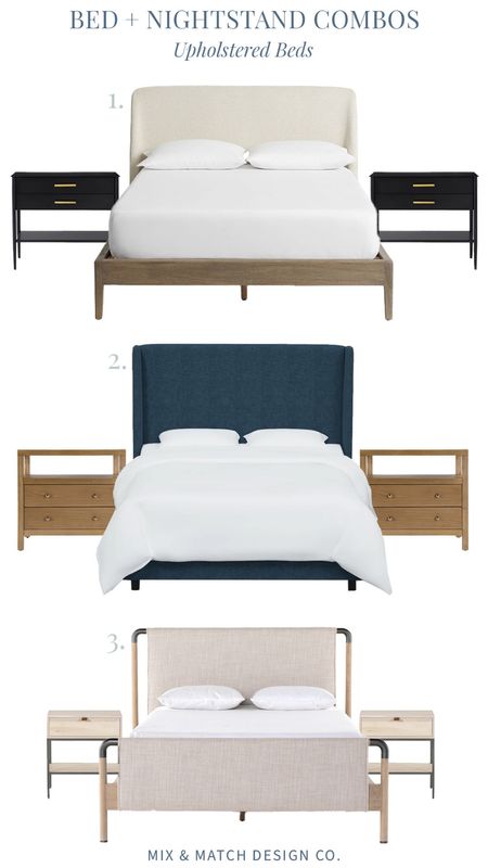Need some inspiration on bed + nightstand pairings? I’ve got you covered! Here are three sets with upholstered beds and I also have one for wood beds!