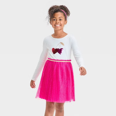 Girls' Long Sleeve 'Cherry Heart' Tulle Valentine's Day Dress - Cat & Jack™ Cream XS | Target