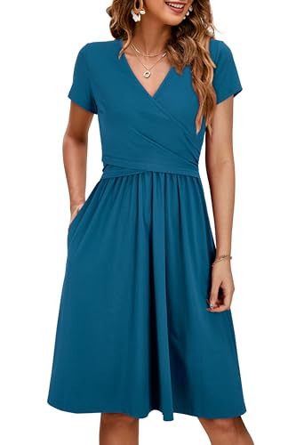 OUGES Women's 2025 Summer Short Sleeve V Neck Midi Dress with Pockets Maternity Clothes Nursing Dresses(Short Sleeve-G Dark Blue,M) | Amazon (US)