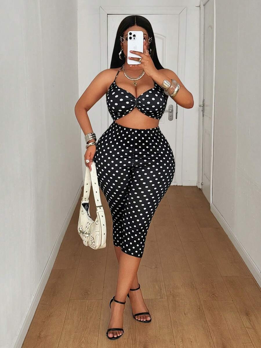 Maweii Plus Size Women 2pcs Set - Polka Dot Print Halter Crop Top & 3/4 Leggings | SHEIN
