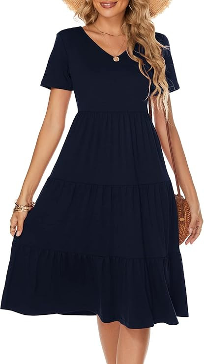 Berydress Women's Casual Summer Tiered Midi Dress 2025 Short Sleeve V-Neck Loose Cotton Ruffle Ba... | Amazon (US)