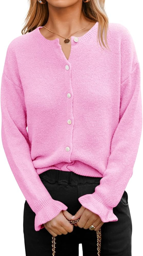 Saodimallsu Womens Cardigan Sweaters Button Down Knit 2025 Fall Ruffle Long Sleeve Sweater Open F... | Amazon (US)