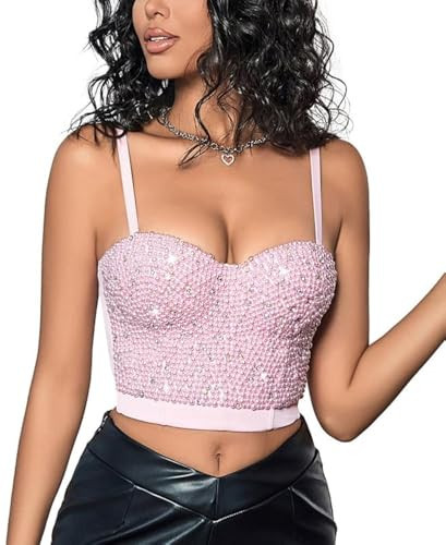 Alivila.Y Fashion Womens Jewels and Rhinestone Punk Goth Bra Corset Top Party Crop Top 983-Pink-XS | Amazon (US)