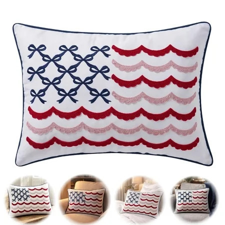 Bow Flag 4th of July Decorative Pillow, Red White and Blue Patriotic Pillows, 19.5" X 14" USA Throw Pillows for Couch, Living Room, Bed, Outdoor | Walmart (US)