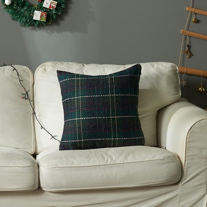 Green Plaid Pillow Covers 18x18 inch Set of 2 Knitting Tartan Pillow Cases Winter Xmas Farmhouse ... | Amazon (US)