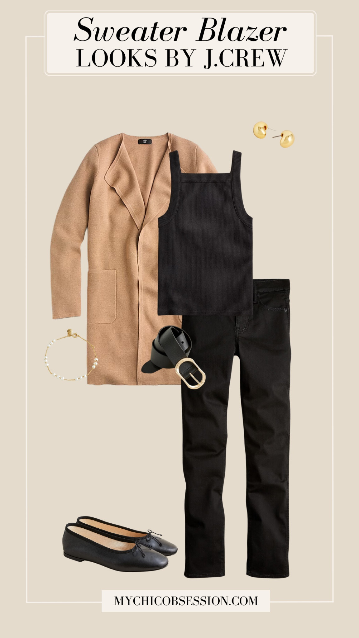 A monochromatic base is the perfect start to a fall look. Pair black skinny jeans, a black tank top, and the J.Crew sweater blazer together for a flattering but chic outfit. Add a leather belt, ballet flats, and gold and pearl jewelry to complete the look.

#LTKStyleTip #LTKSeasonal #LTKWorkwear
