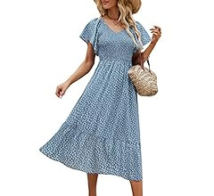 Taurus Women's Summer Boho Floral Print Short Flutter Sleeve V Neck Smocked Midi Dress A Line Flo... | Amazon (US)