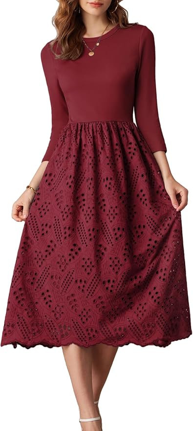 GRACE KARIN Womens Summer 3/4 Sleeve Dress with Pockets A Line Midi Eyelet Dress Empire Waist Cas... | Amazon (US)