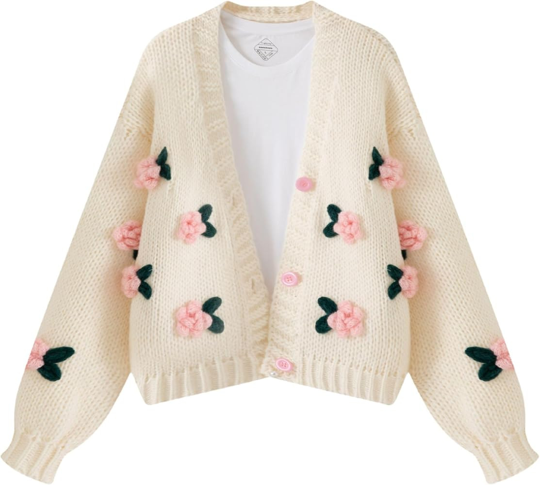 FindThy Women’s Kawaii Strawberry Embroidered Cardigan Long Sleeve V Neck Chunky Knitted Cardig... | Amazon (US)