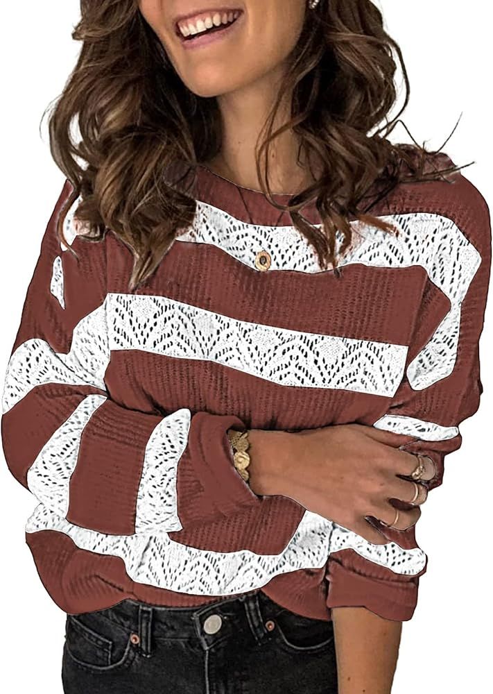 Astylish Women Casual Long Sleeve Pullover Sweater Loose Striped Crewneck Knit Tunic Top | Amazon (US)