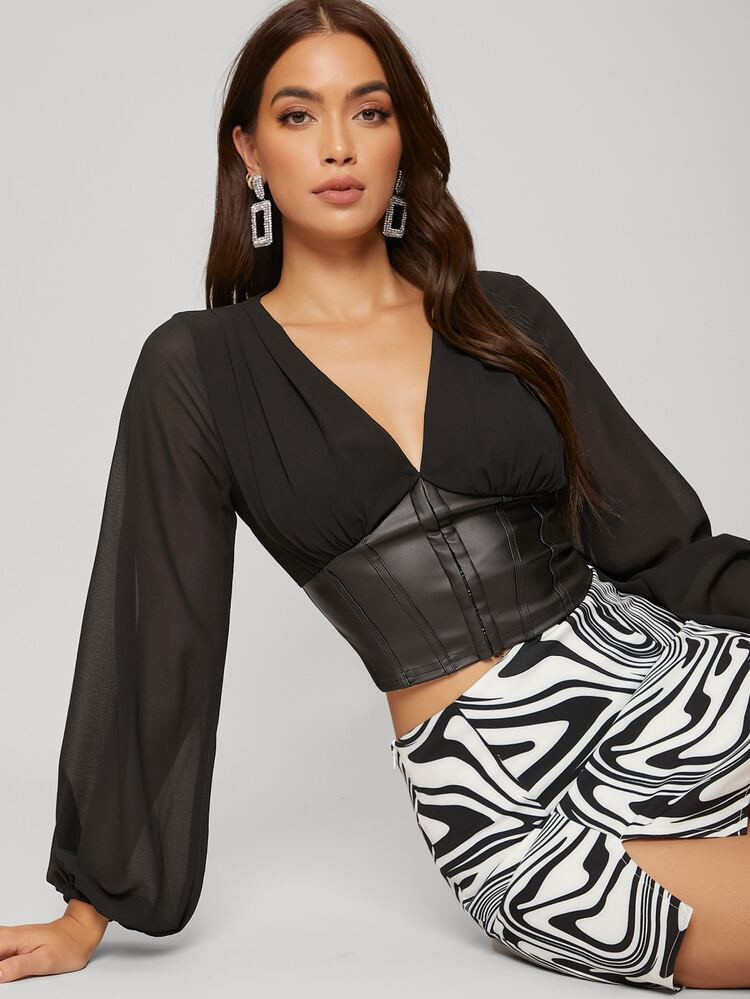 Plunging Lantern Sleeve Faux Leather Hem Top | SHEIN