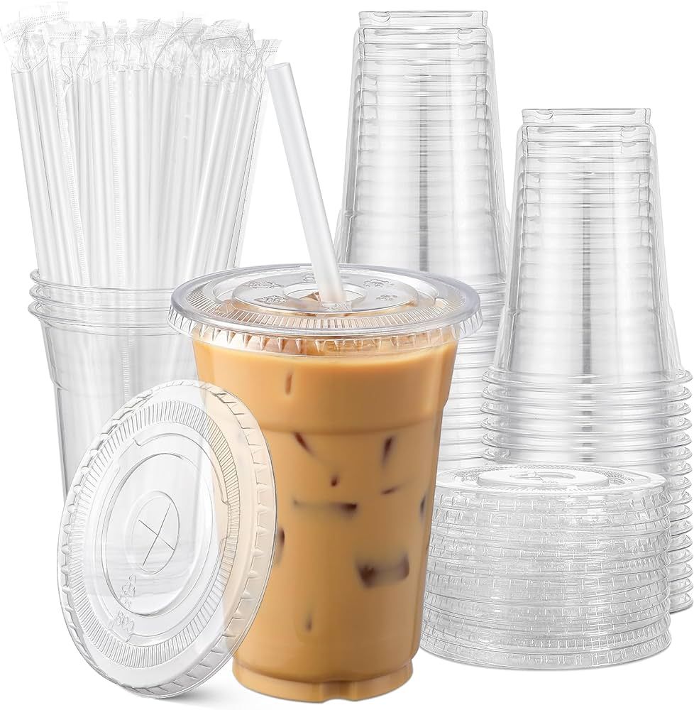 AOZITA [100 Sets] 16 oz Clear Plastic Cups With Lids and Straws, Disposable Cups With Lids for Ic... | Amazon (US)