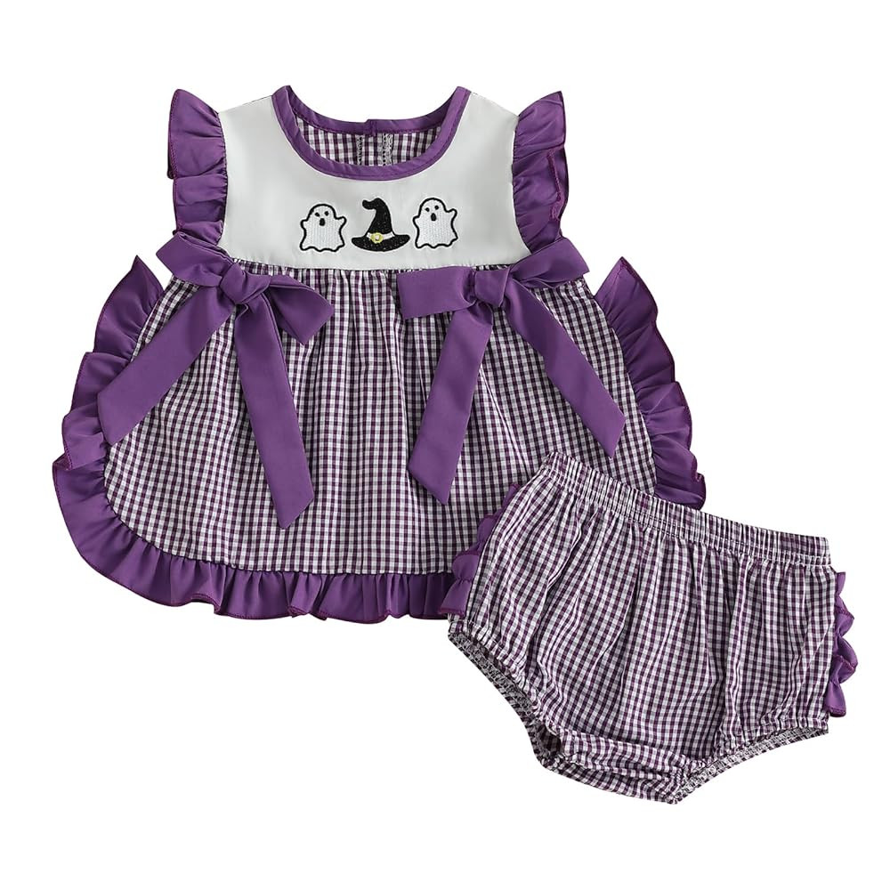 Halloween Baby Girl Outfits Ghost Pumpkin Plaid Ruffle Tank Tops Bloomer Shorts Set Toddler Hallo... | Amazon (US)