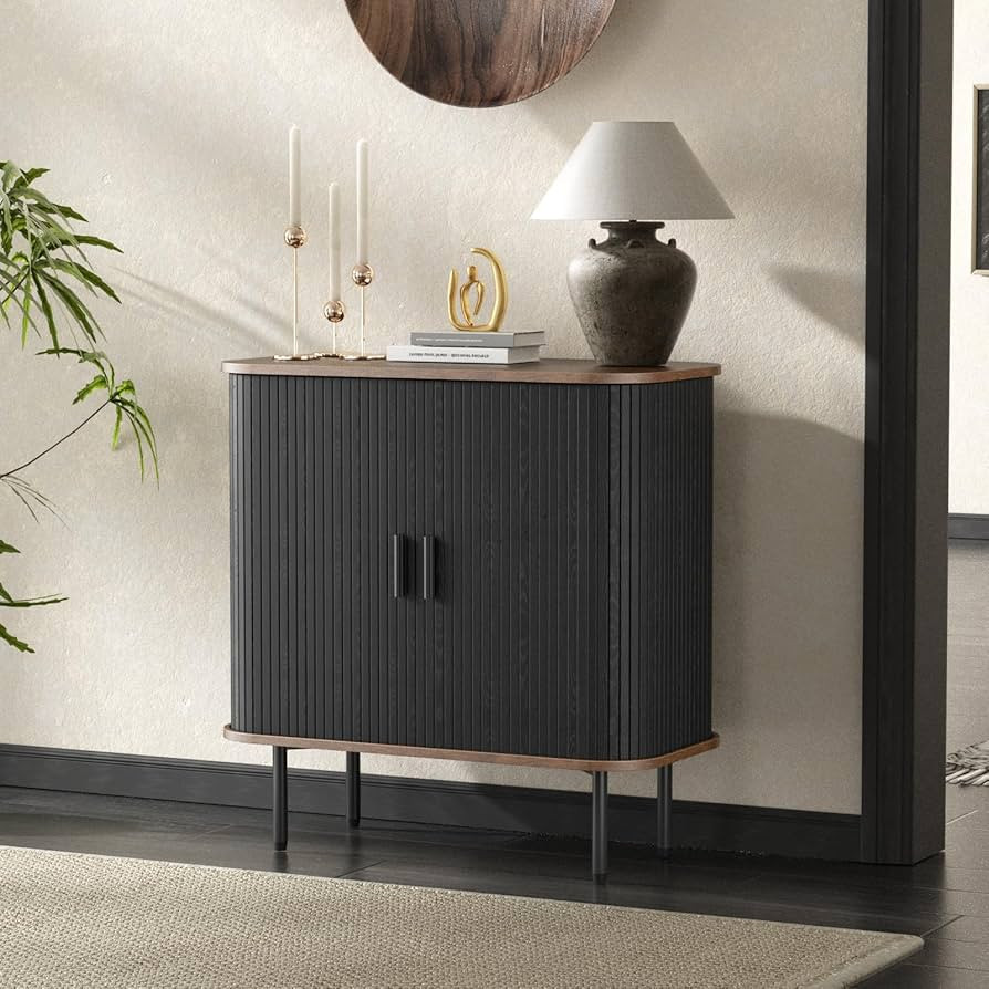 31''W Black Buffet Sideboard Cabinet with Storage, Fluted Storage Cabinet Black with Curvy Edge; ... | Amazon (US)